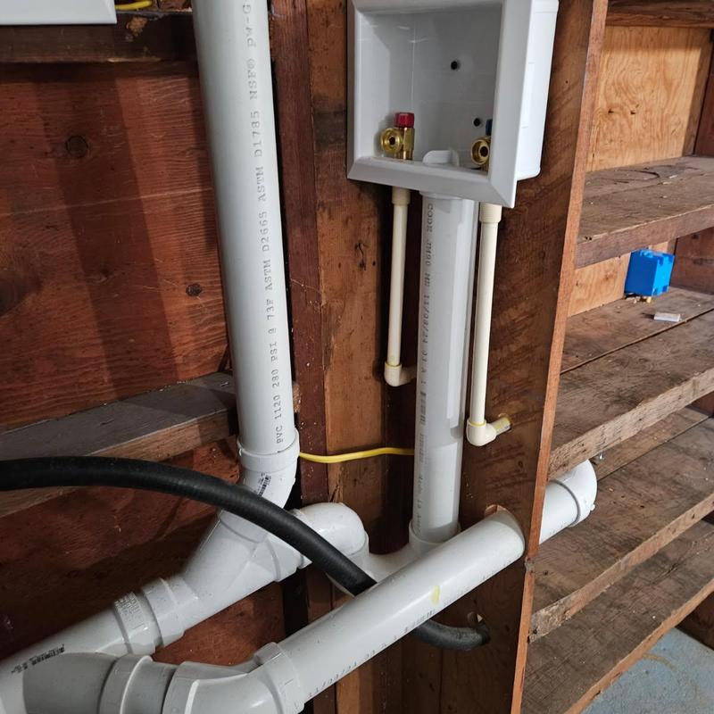 Washing machine outlet box with PVC plumbing installation