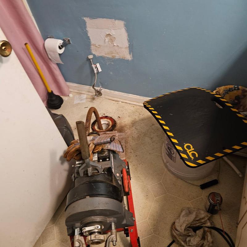 Toilet flange and drain line with plumbing snake tool