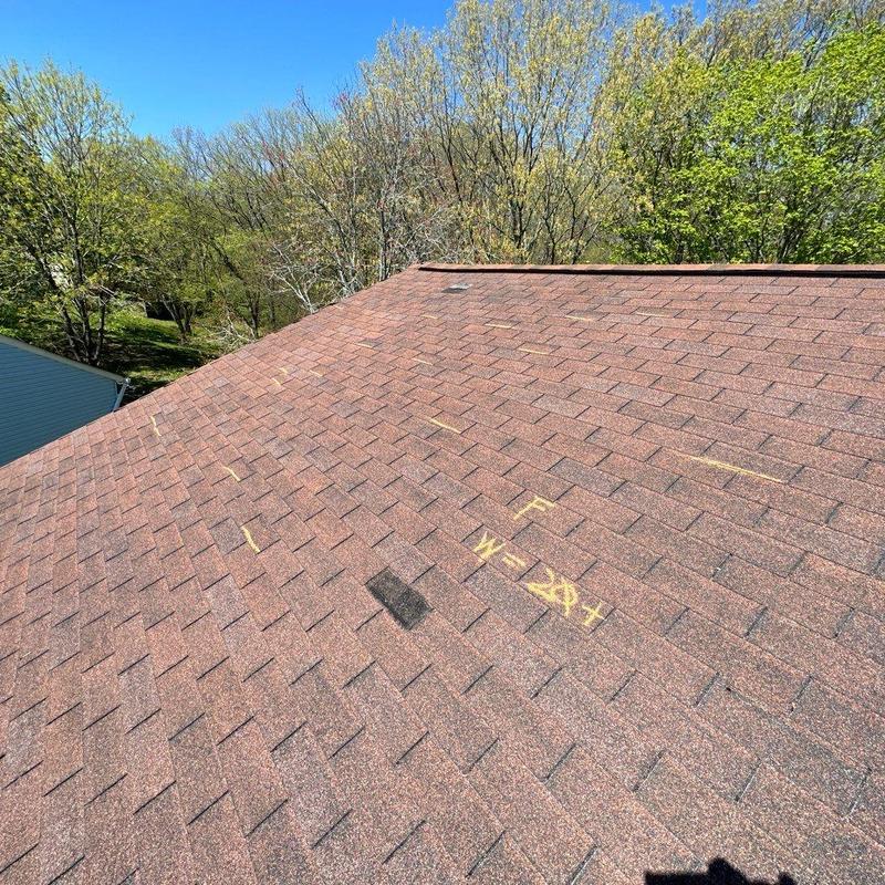 Asphalt shingles with hail damage markings on roof
