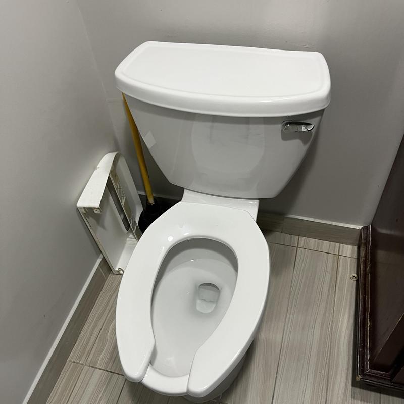 Pressure-assisted white toilet with new wax ring installed