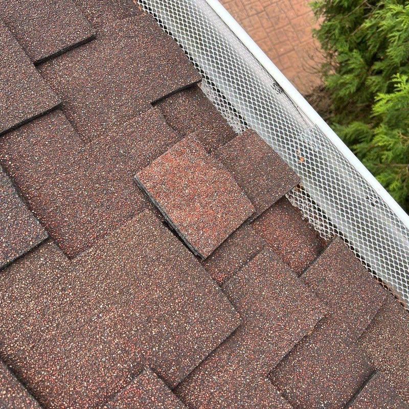 Roof shingles with visible cracking and damage near gutter guard