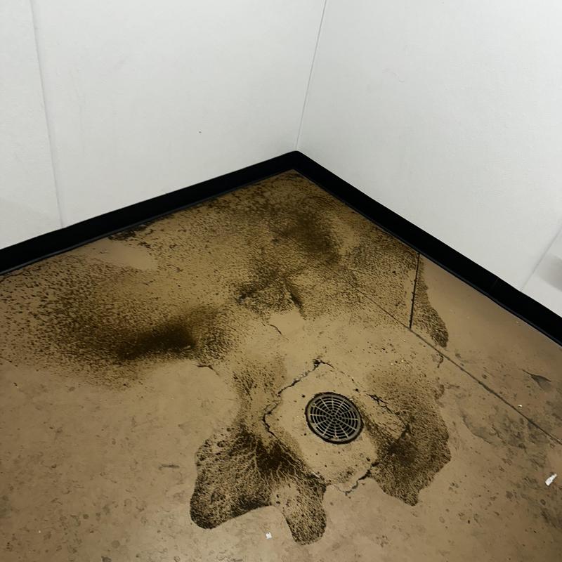 Floor drain with buildup and surrounding stains in corner room
