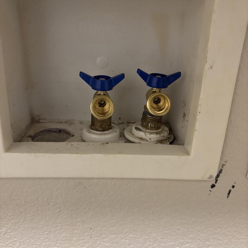 Laundry washer box shut off valves with blue handles
