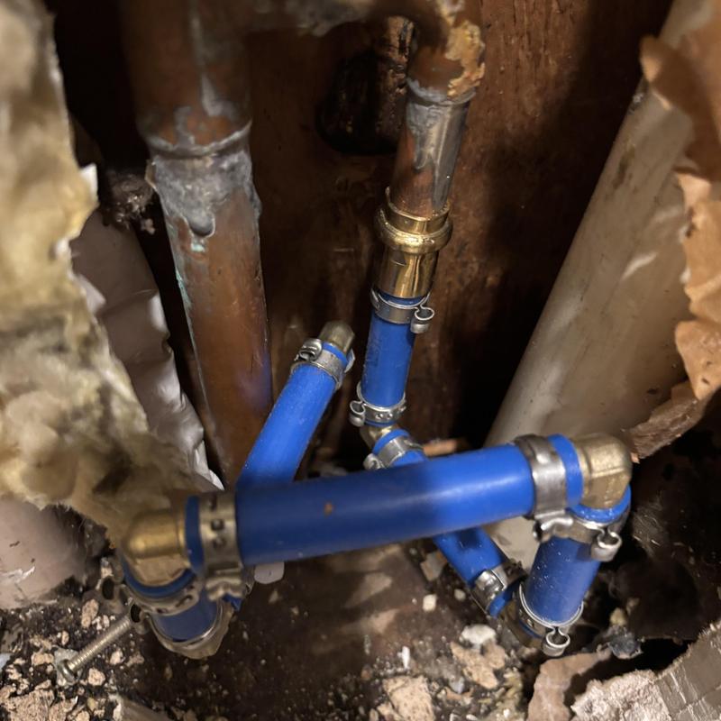 PEX-B piping replacement with copper line connection inside wall