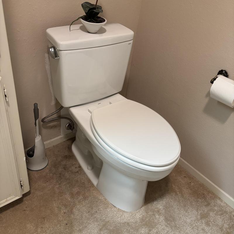 Toilet with new PVC flange installed in bathroom corner