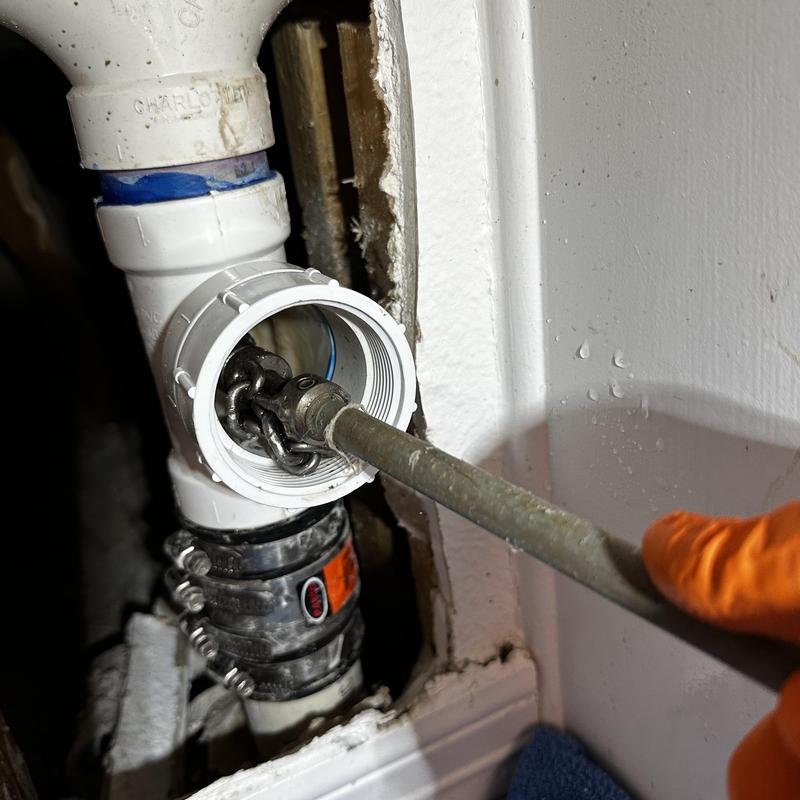 Double kitchen sink cleanout with drain snake tool