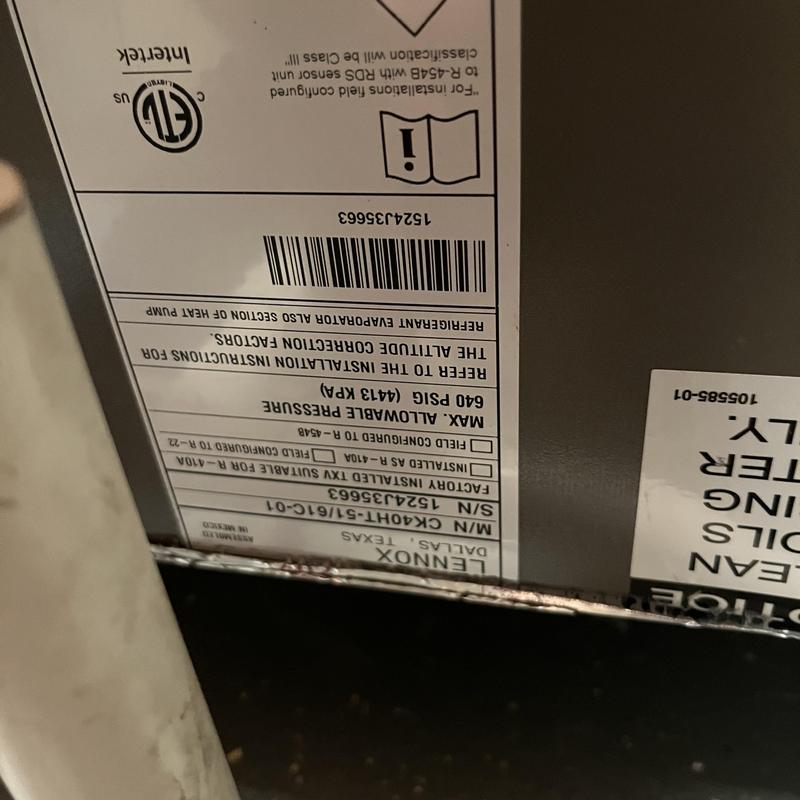 Lennox HVAC unit label with pressure info