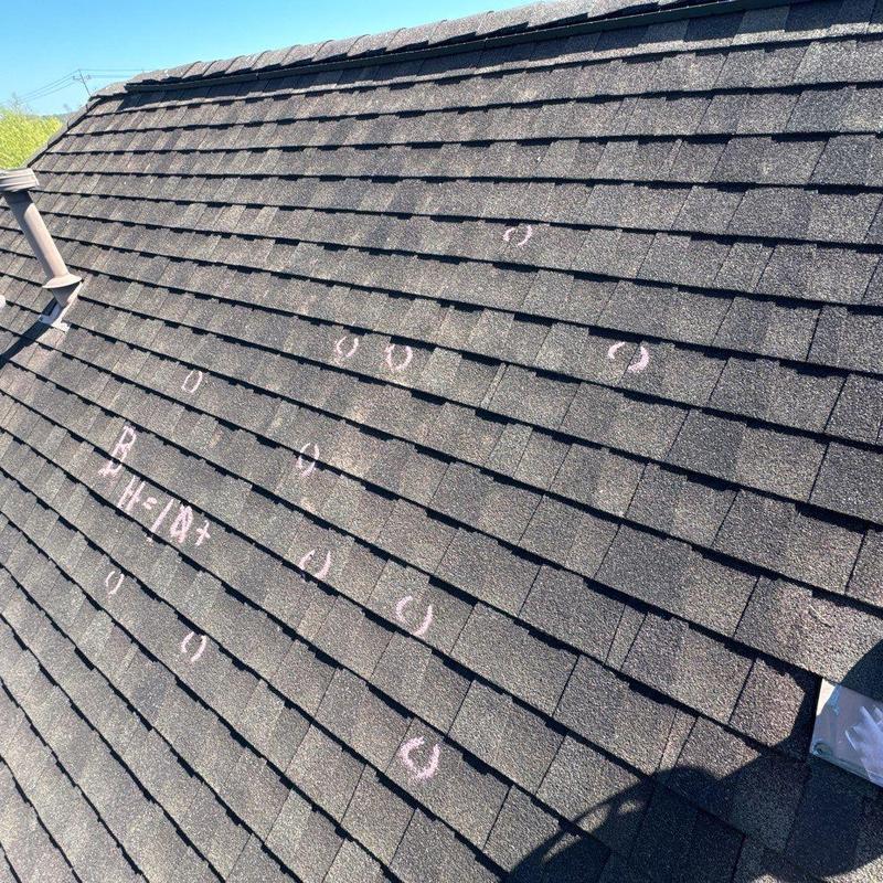 Asphalt shingle roof with hail impact markings