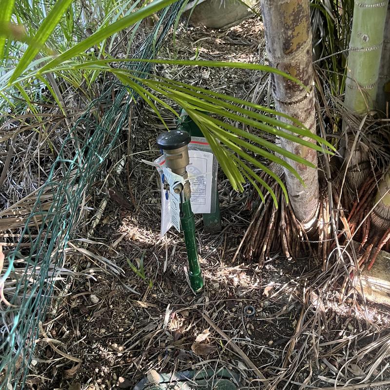 Backflow prevention device with inspection tag outdoors