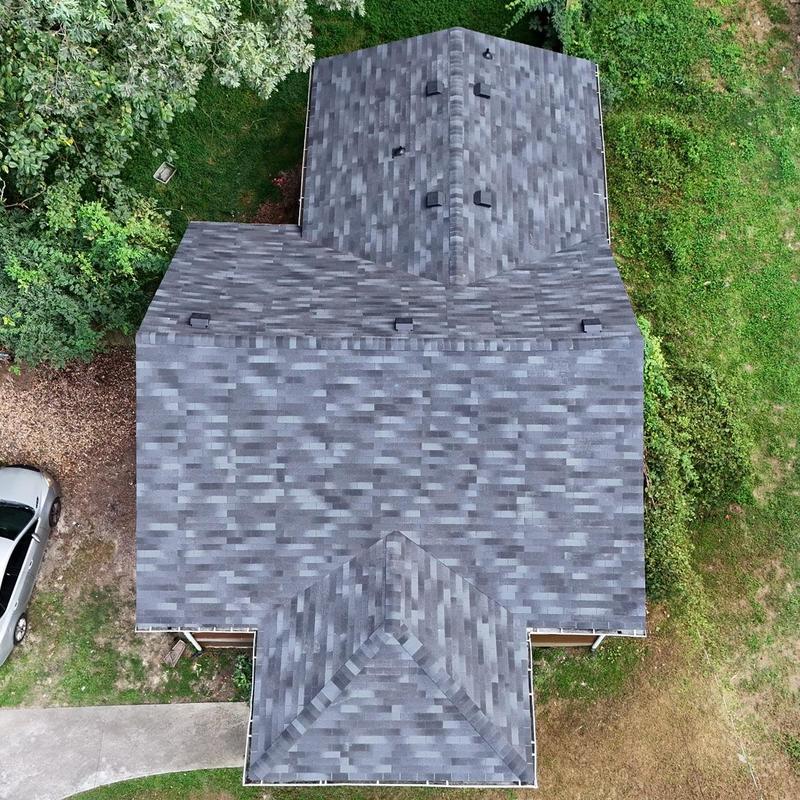 Asphalt shingle roof replacement from above in Loganville, GA