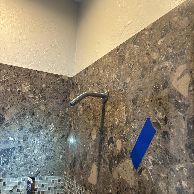 Shower arm and drop ear mounted on tiled wall