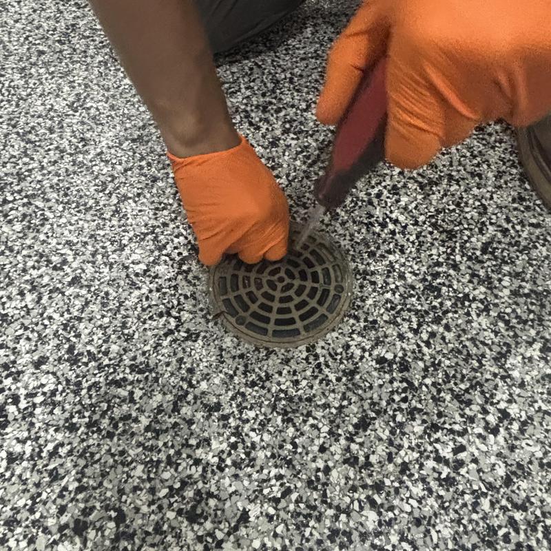 Floor drain with gloved hands removing debris