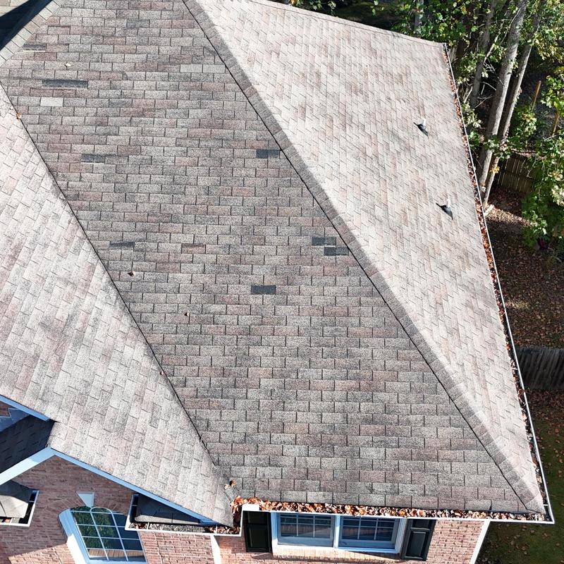 Roof shingles inspection with gutter leaf buildup visible