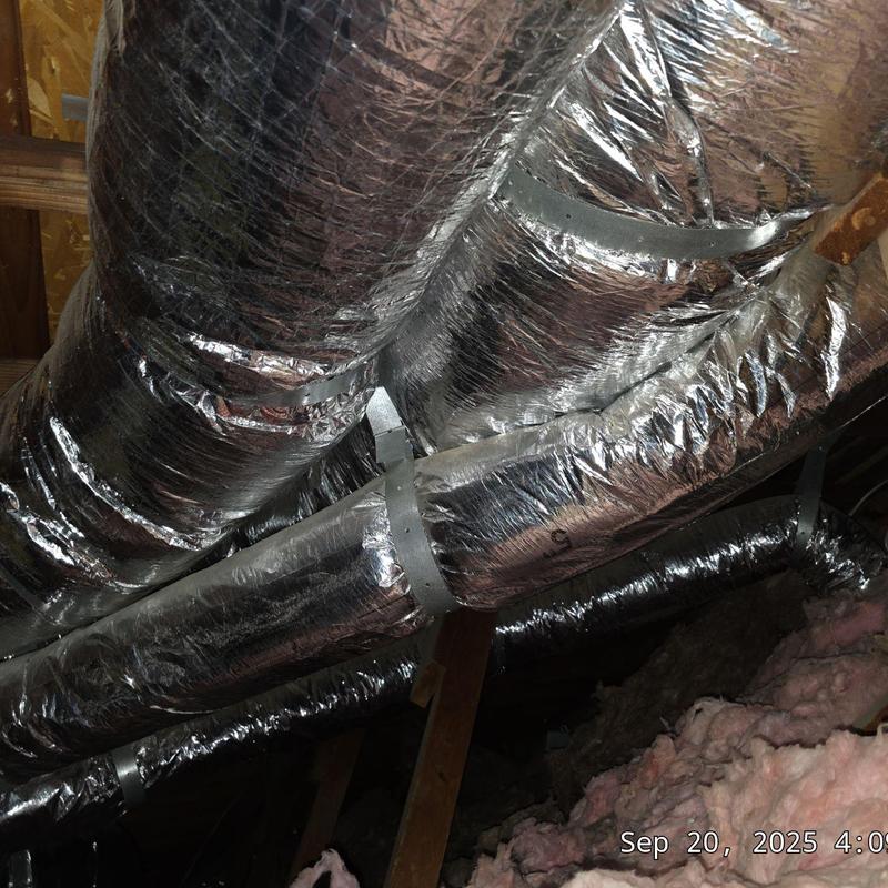 Flexible insulated HVAC ductwork installation in attic