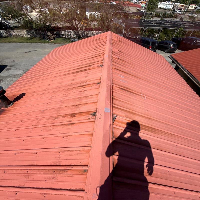 Metal roof ridge and panels with damage inspection