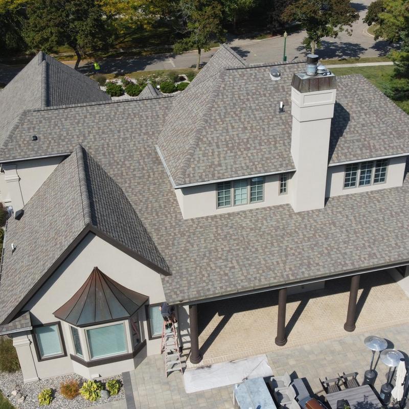 Roof shingles and chimney painting with trim work Roof shingles and chimney painting with trim work