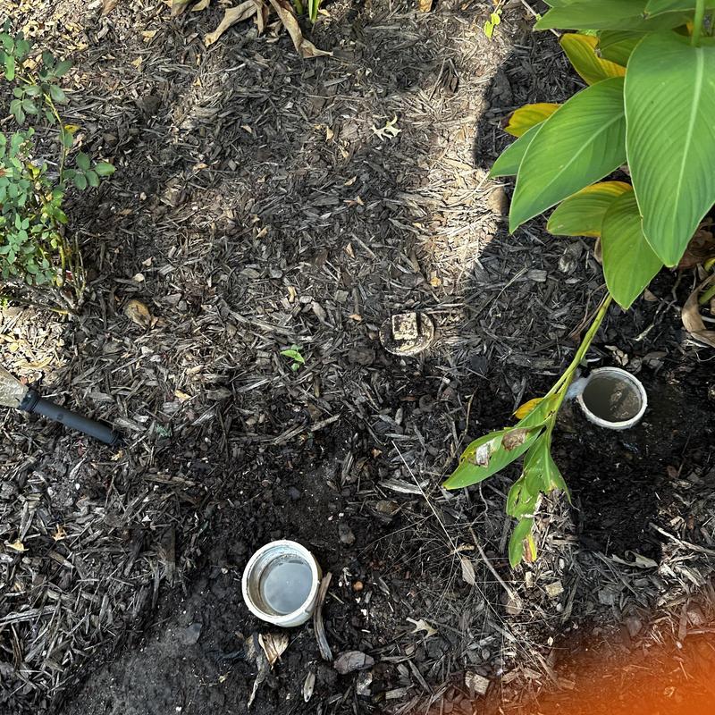 Exterior sewer cleanouts with cleared soil mulch area