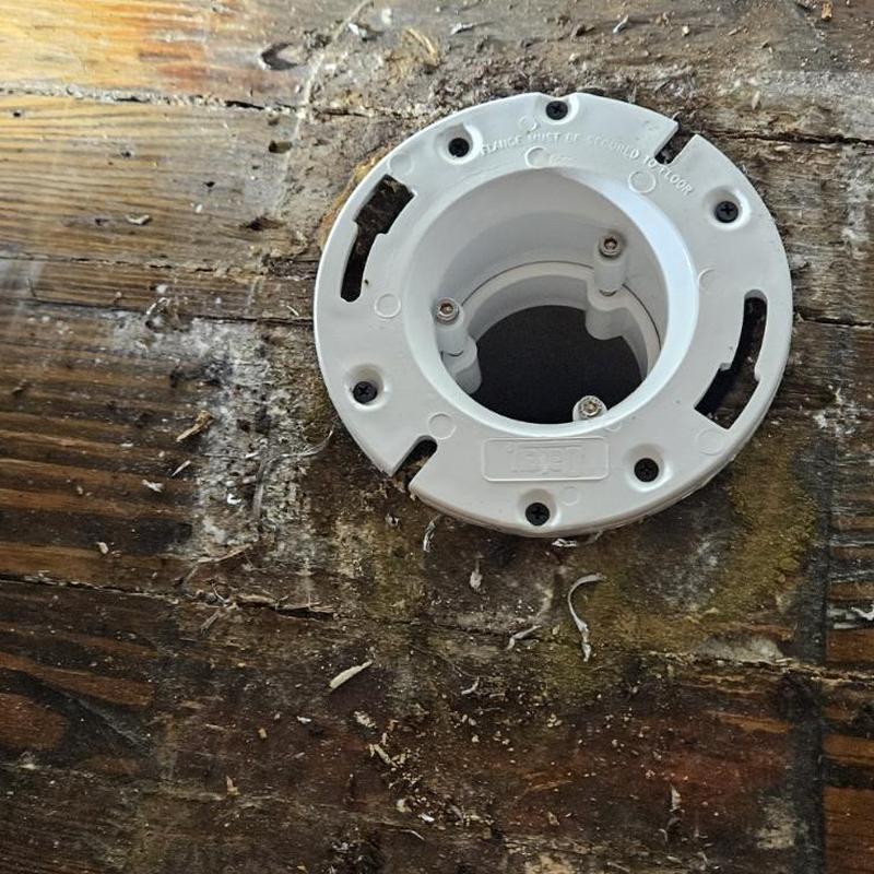Toilet flange installed on wooden floor base