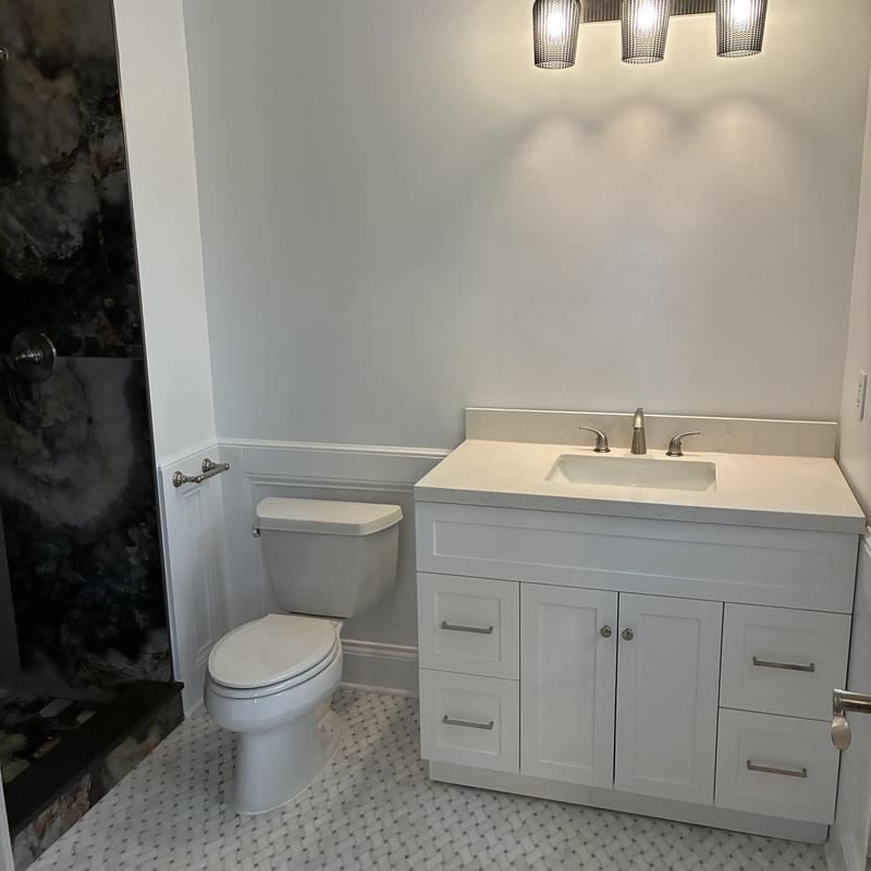 Vanity with lavatory faucet, toilet, and shower trim installed