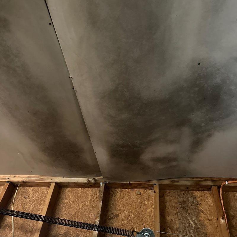 Garage ceiling drywall with mold and water damage stains