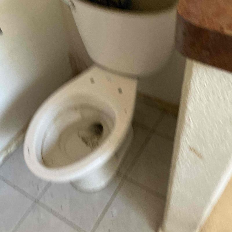 Toilet bowl with missing seat in tiled bathroom
