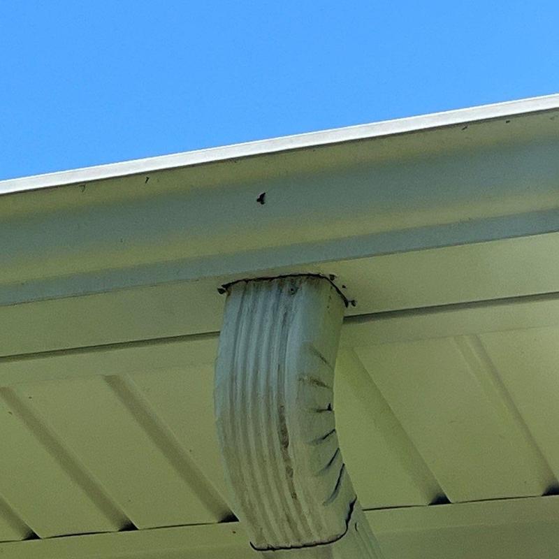 Gutter downspout with visible rust and bend damage