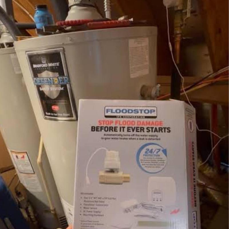 Flood Stop system box near water heater installation