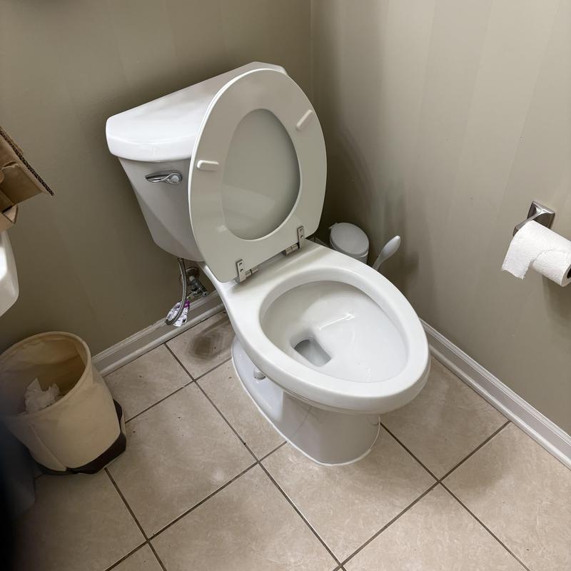 Toilet installation with open lid in bathroom corner