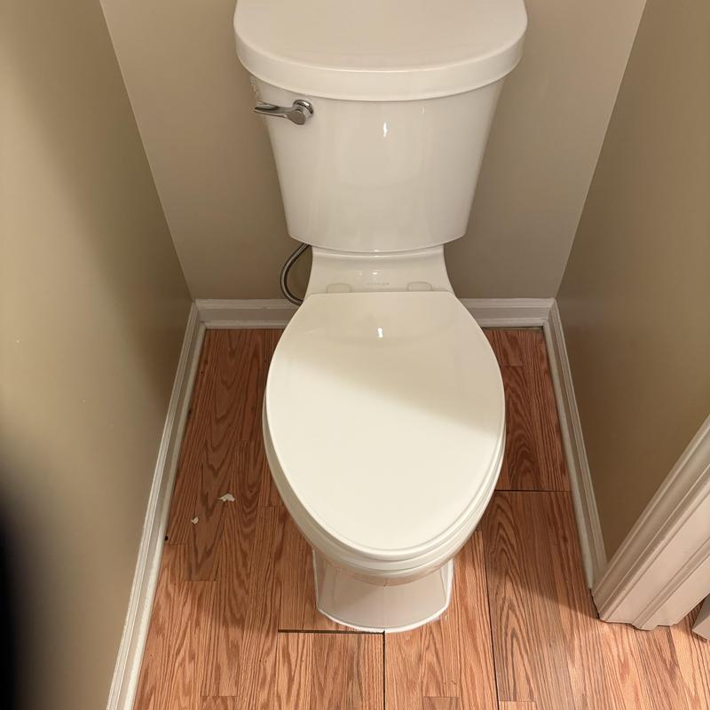 Toilet installation on hardwood floor in small bathroom