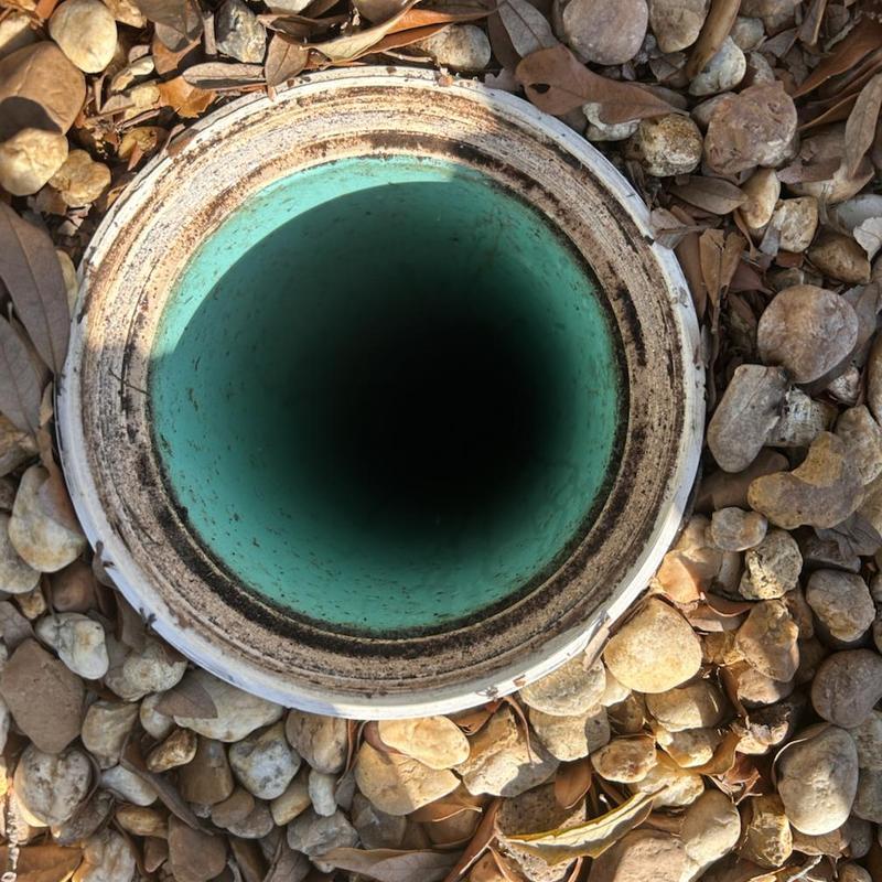 Sewer cleanout pipe opening surrounded by rocks and leaves