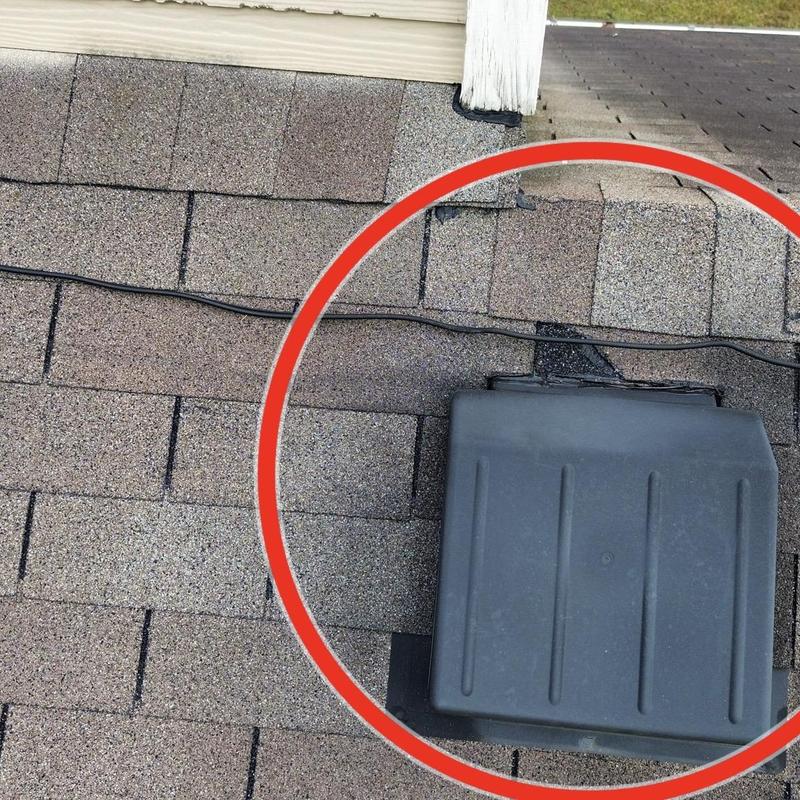 Roof shingles around vent flashing replacement area