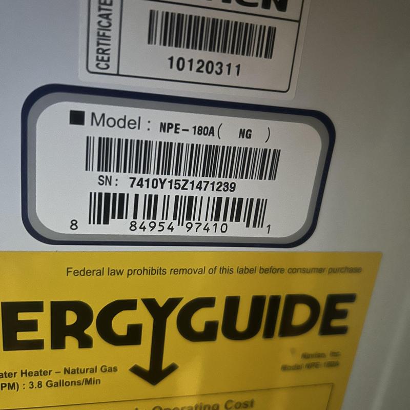 Tankless water heater model and certification labels