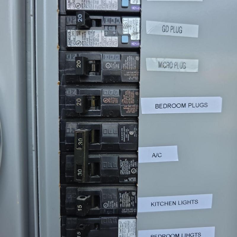 Circuit breaker panel with labeled breakers for A/C and plugs