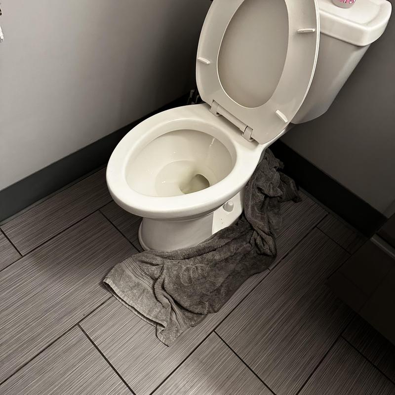 Toilet drain clog with towel on tiled floor