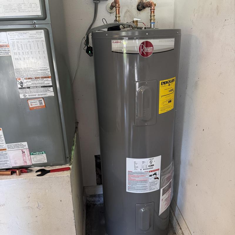 50-gallon Rheem electric water heater installed