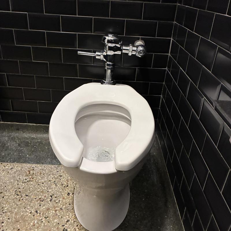 Toilet with flushometer valve in men's restroom corner