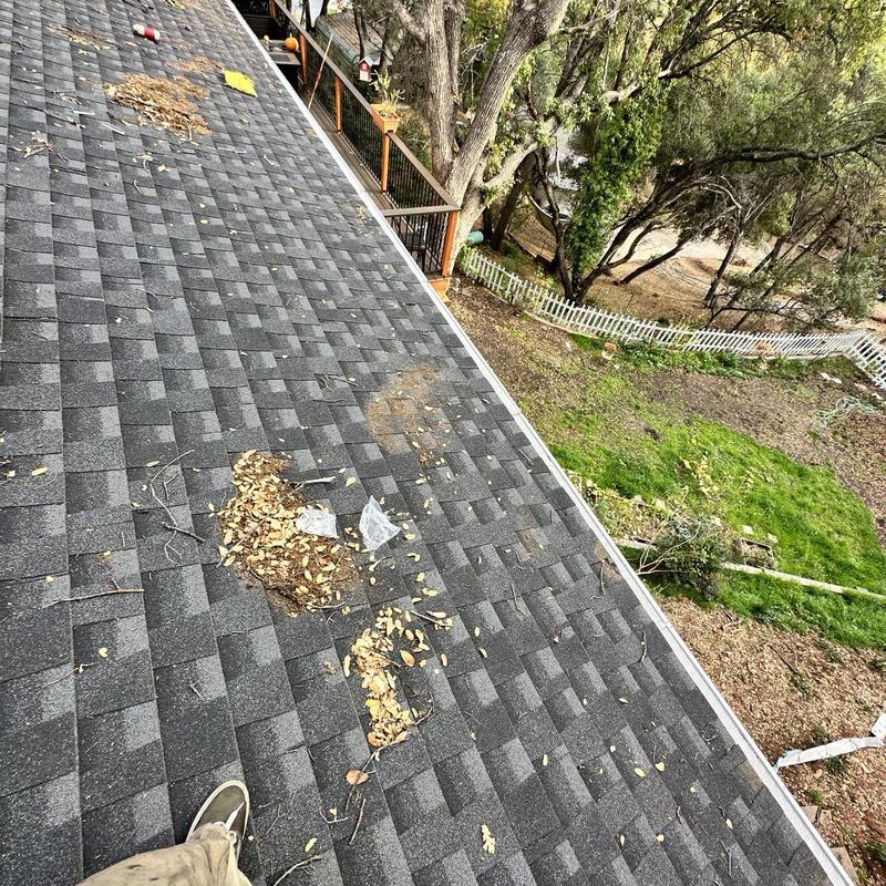 Asphalt shingle roof with leaf debris near gutters