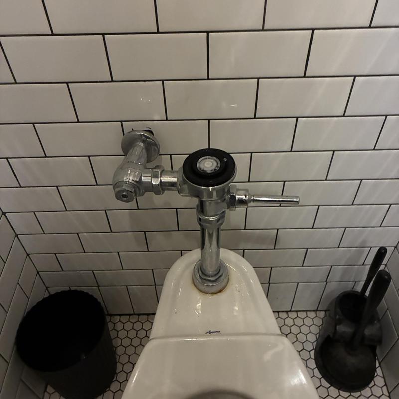 Toilet flushometer valve on white porcelain toilet