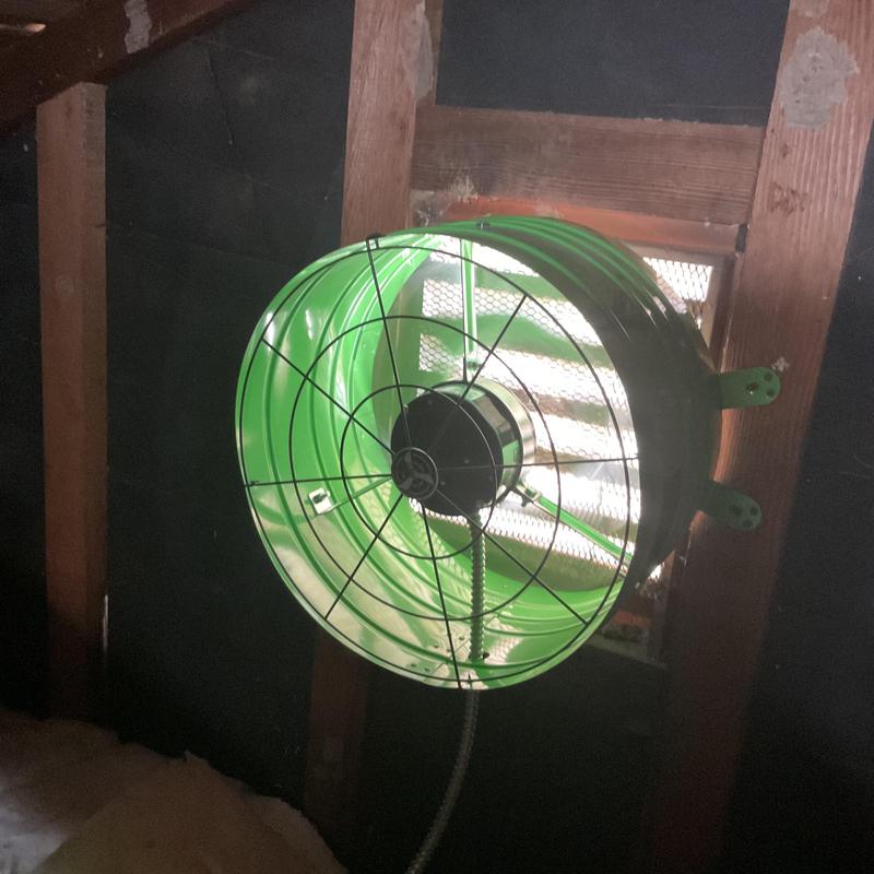 Ductwork blower fan installed in attic space Ductwork blower fan installed in attic space