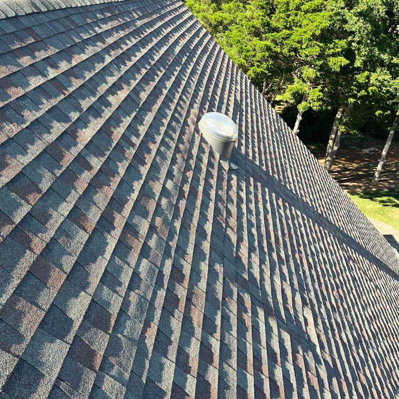 Asphalt shingle roof with vent pipe and surrounding trees
