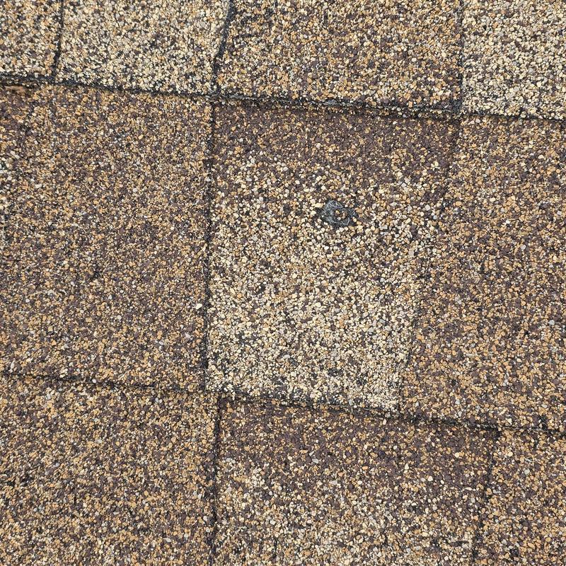 Asphalt roof shingle with visible nail and wear