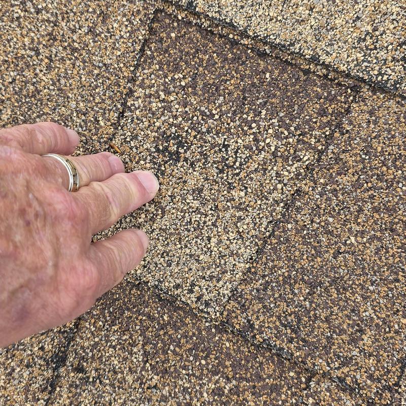 Asphalt roof shingles with granule loss and finger pointing