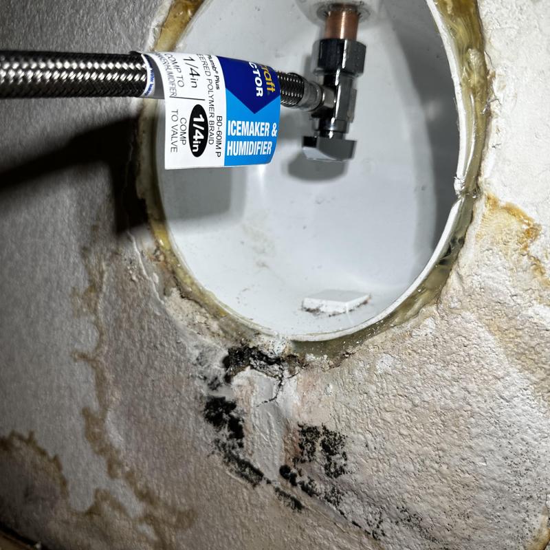 Angle stop valve replacement behind refrigerator with water damage