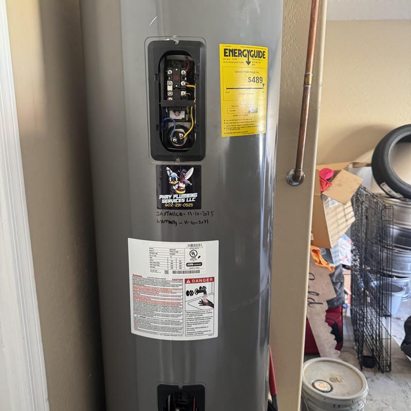 50 gallon electric water heater with exposed wiring panel