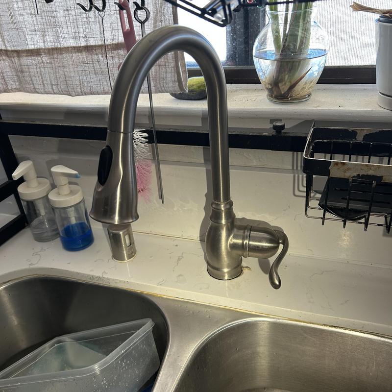Single handle kitchen faucet with pull-out sprayer installed