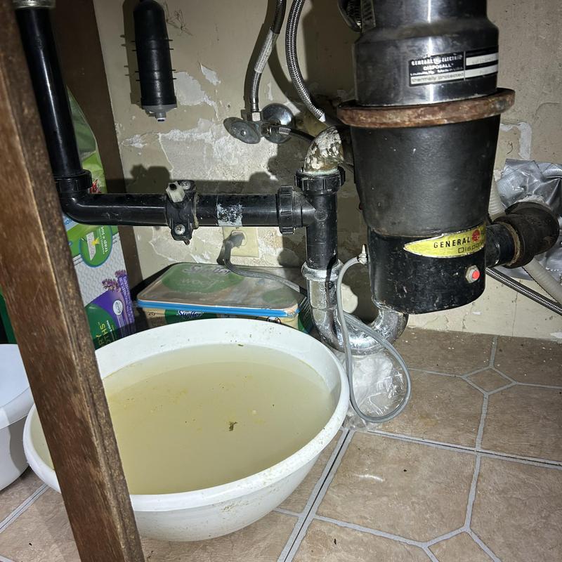 Garbage disposal and kitchen sink drain under sink
