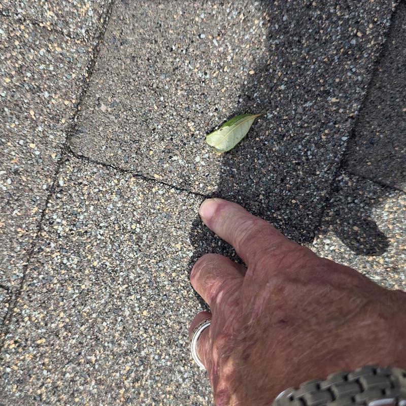 Roof shingles close-up with hand pointing at damage
