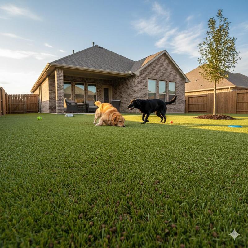 Pet-friendly artificial turf system with dogs in backyard