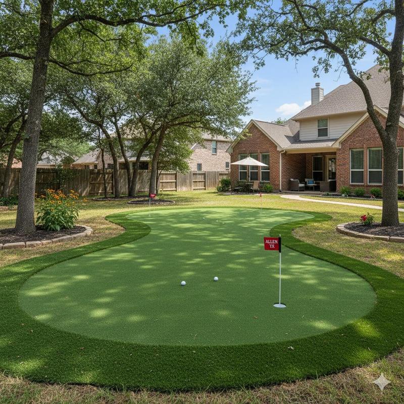 Backyard artificial putting green with cup flags