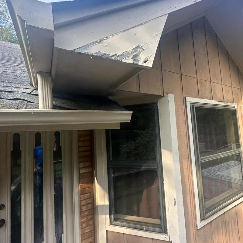 Roof fascia board with peeling paint and damage